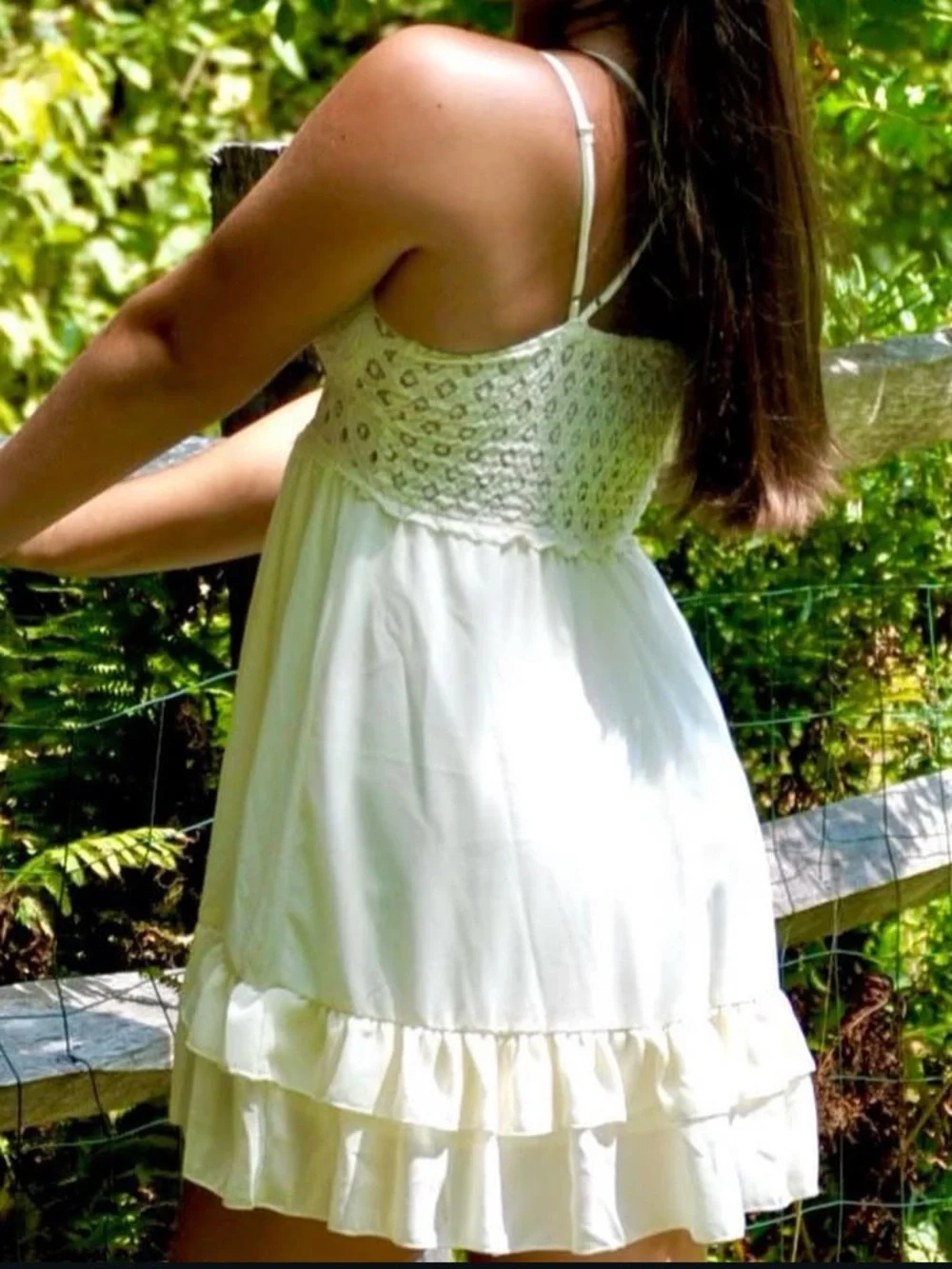 Off White Lace Bodice Ruffle Hem Dress